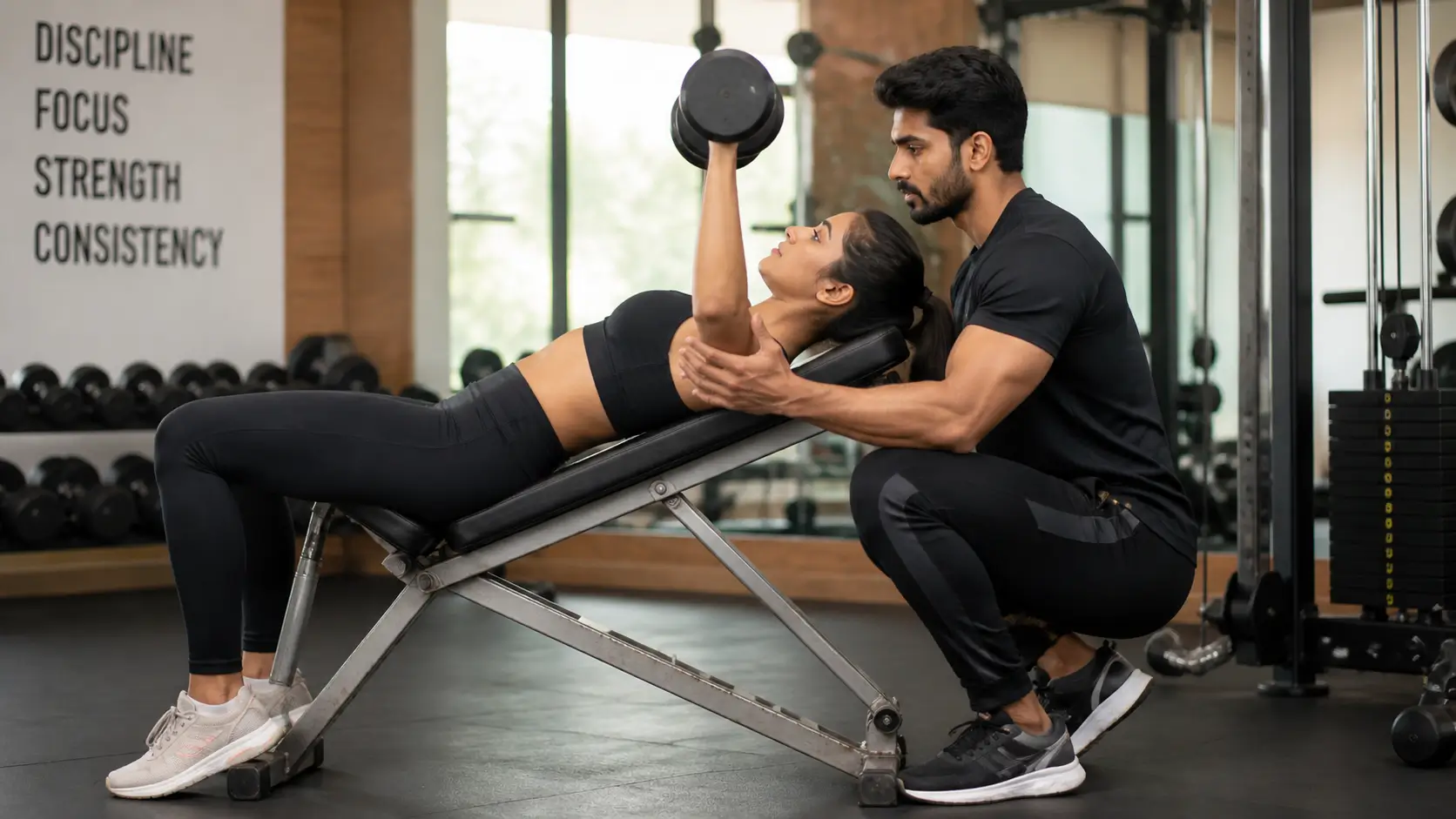 Personal trainer helping a client with strength training in a gym